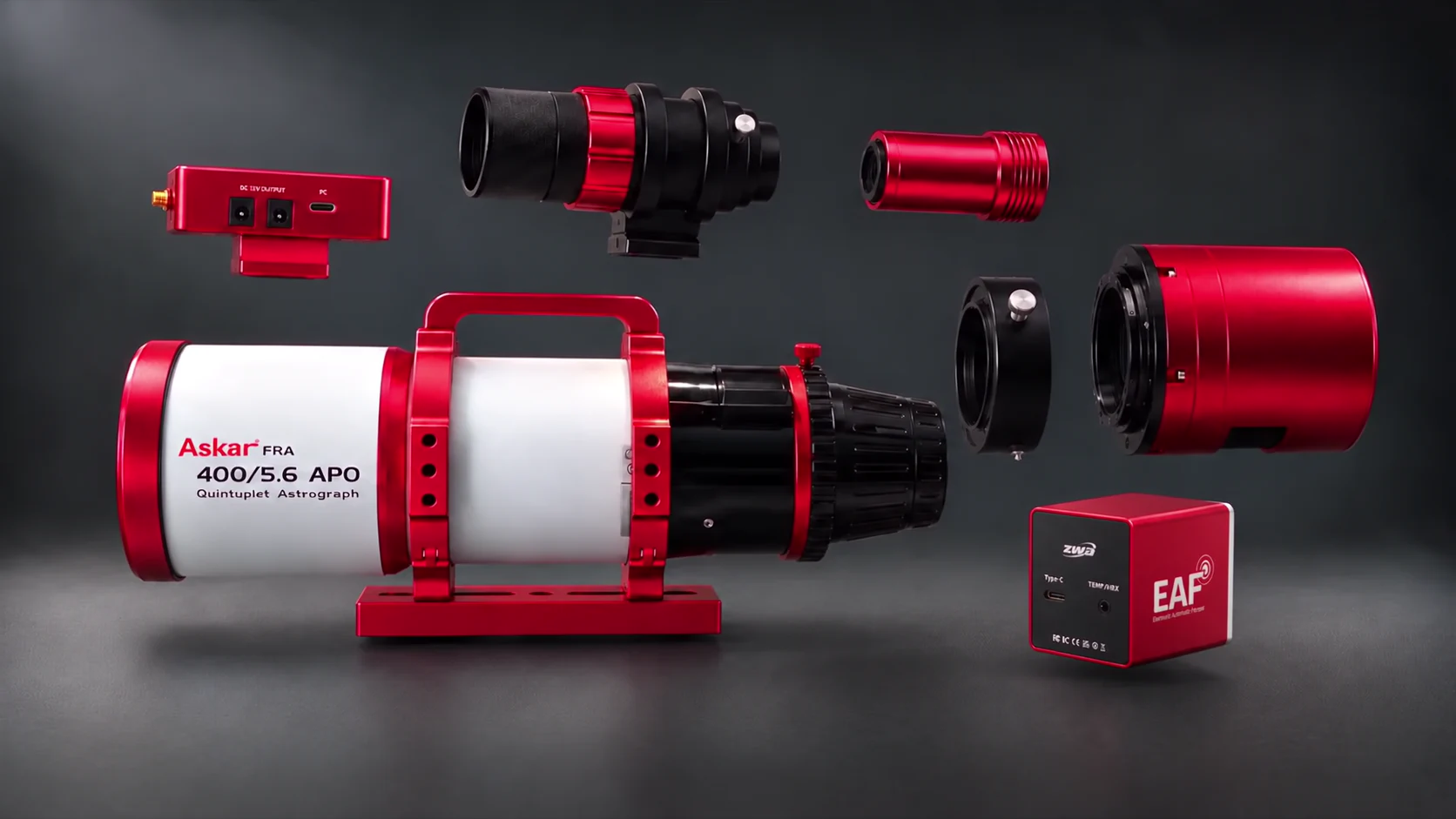 Vista del conjunto de astrofotografía con sus componentes separados